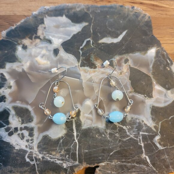 Trapezoid Beaded Blue/White/Clear Earrings - Picture 2 of 5